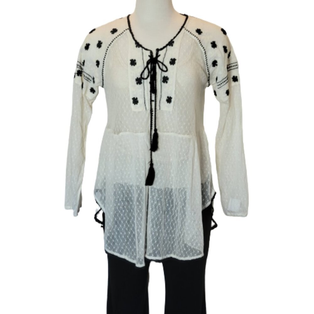 Free People Semi Sheer Peasant Style Tunic w/Embroidery Tie Front Beige/Blk Sz L